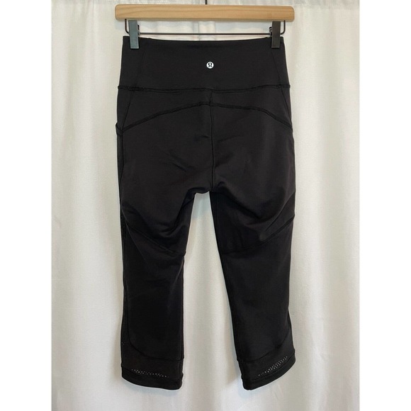 Lululemon Women's Black Crop Mesh Panel Leggings Side Pockets 21 Inch Inseam S/M - Picture 5 of 6
